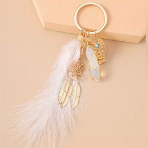 Gold and White Feather Purse Charm Keychain